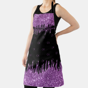 Black purple glitter drips girly monogram initials apron