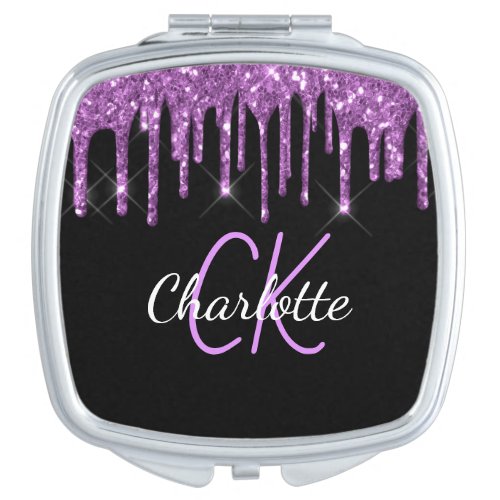 Black purple glitter drips monogram elegant compact mirror