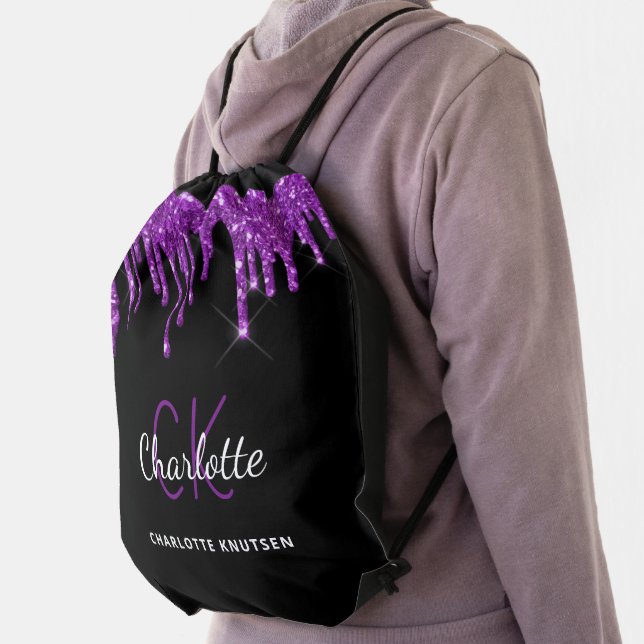 Black purple glitter drips monogram initials drawstring bag (Insitu)