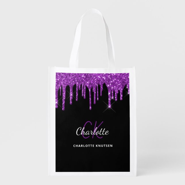 Black purple glitter drips monogram initials  grocery bag (Front)