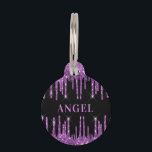 Black purple glitter drips monogram name dog pet ID tag<br><div class="desc">A classic black background decorated with purple faux glitter drips,  paint dripping look. Personalize and add a name. Add your phone number on the back. Purple colored letters.</div>