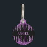 Black purple glitter drips monogram name dog pet ID tag<br><div class="desc">A classic black background decorated with purple faux glitter drips,  paint dripping look. Personalize and add a name. Add your phone number on the back. Purple colored letters.</div>