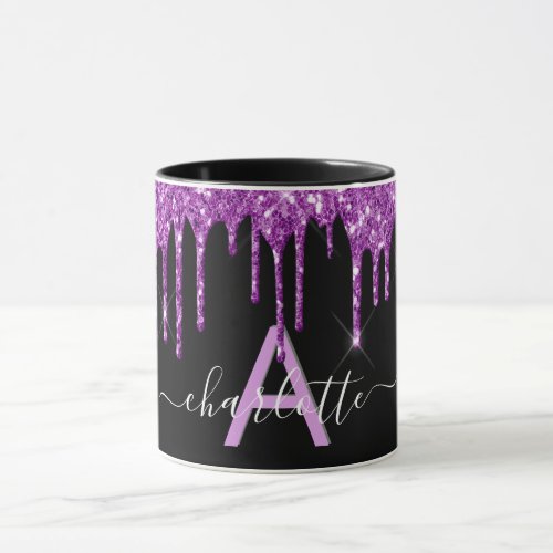 Black purple glitter drips monogram name script mug