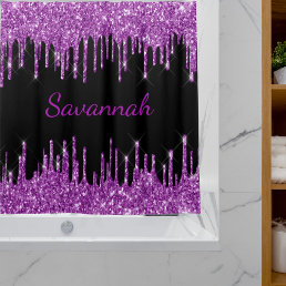 Black purple glitter drips monogram script luxury shower curtain