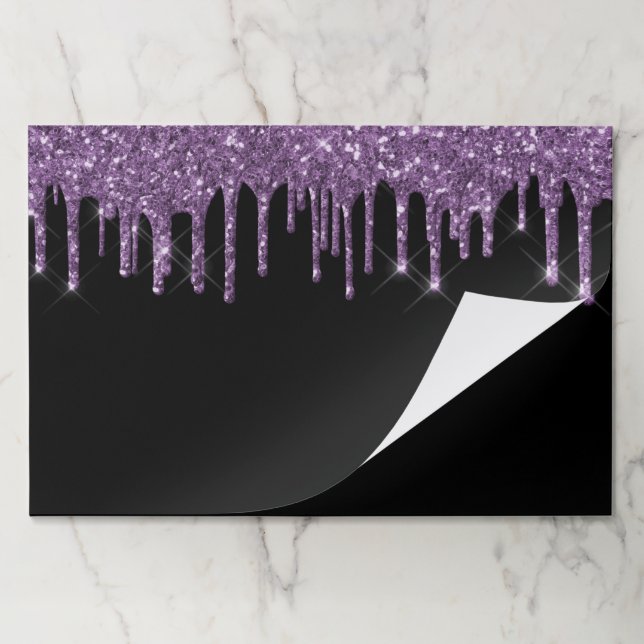 Black purple glitter drips party paper placemat (Folded)