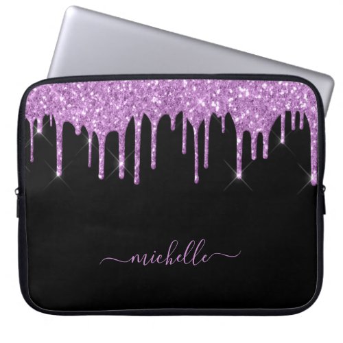 Black purple glitter drips sparkle glam name laptop sleeve