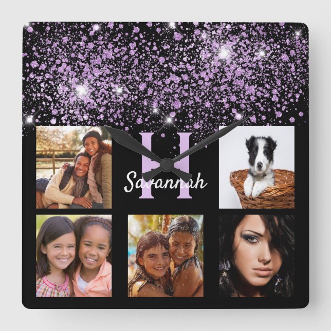 Black purple glitter dust custom photo collage square wall clock (Front)