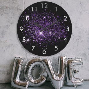 Black purple glitter dust large clock