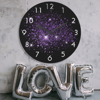 Black Purple Glitter Dust Large Clock by Thunes at Zazzle