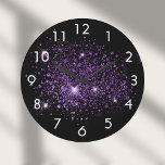 Black purple glitter dust large clock<br><div class="desc">A chic black background,  decorated with purple faux glitter dust. White numbers.</div>