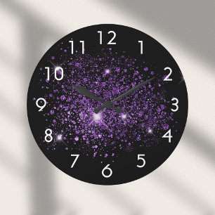 Black purple glitter dust large clock