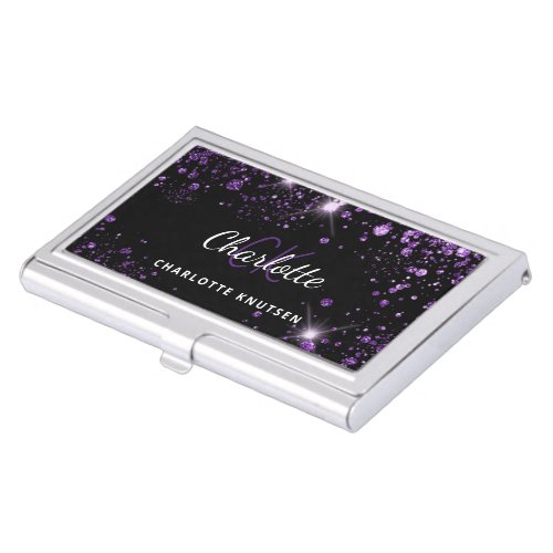 Black purple glitter dust monogram initails name business card case