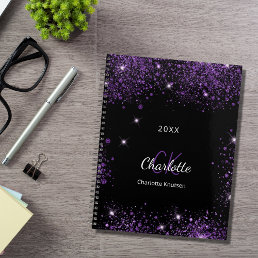 Black purple glitter dust monogram initials 2024 planner