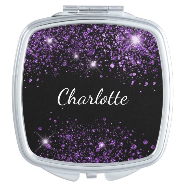 Black purple glitter dust monogram initials compact mirror (Front)