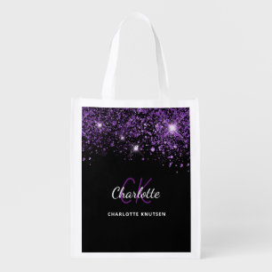 Black purple glitter dust monogram initials grocery bag