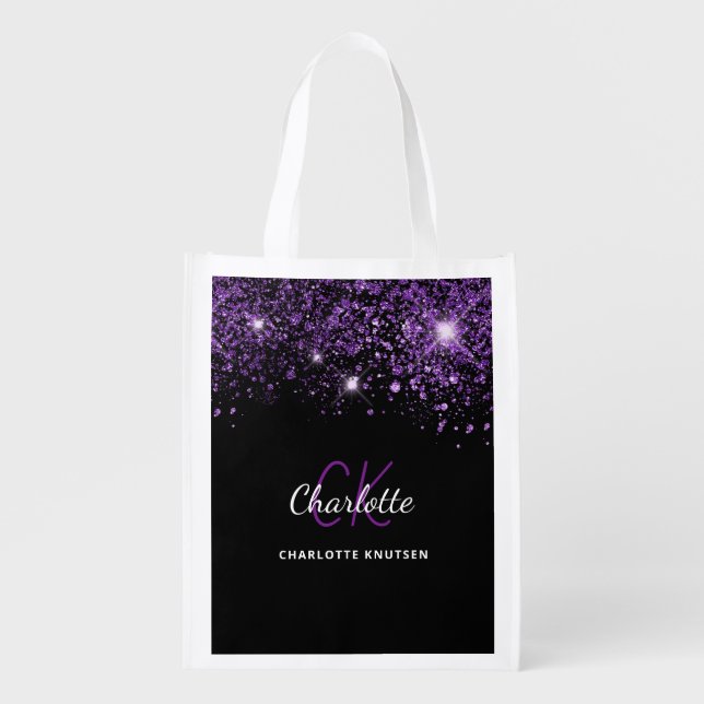 Black purple glitter dust monogram initials grocery bag (Front)