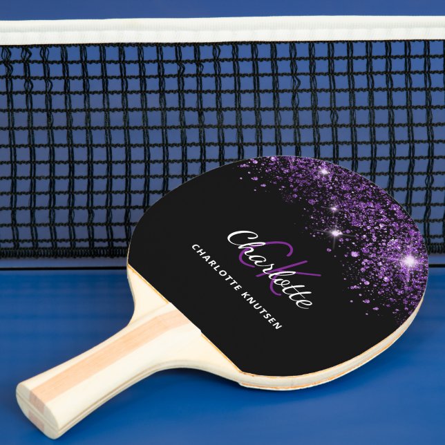 Black purple glitter dust monogram initials ping pong paddle (Insitu)