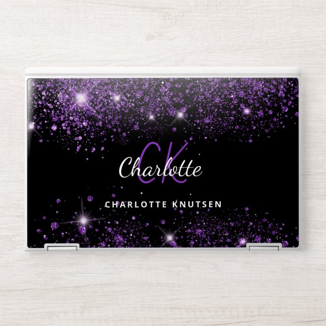 Black purple glitter dust monogram name HP laptop skin (Front)