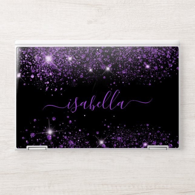 Black purple glitter dust monogram name script HP laptop skin (Front)