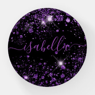 Black purple glitter dust monogram name script paperweight