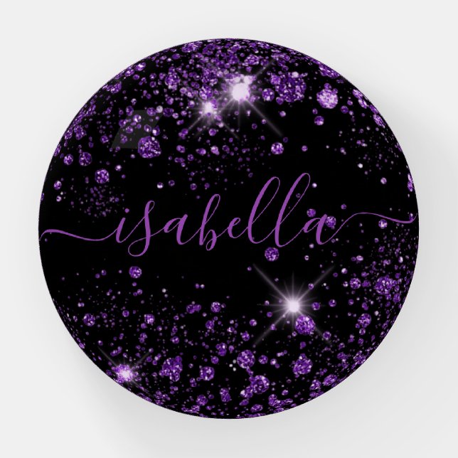 Black purple glitter dust monogram name script paperweight (Front)