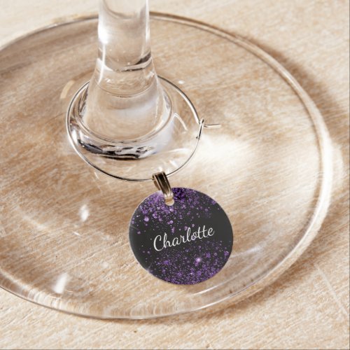 Black purple glitter dust name birthday wine charm