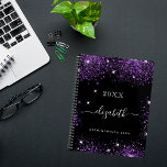 Black purple glitter dust name script 2024 planner<br><div class="desc">Black background, white text. Decorated with purple faux glitter dust. Personalize and add a year, your first name and a title. The name is written with a modern hand lettered style script with swashes. To keep the swashes only delete the sample name, leave the spaces or emoji's in front and...</div>