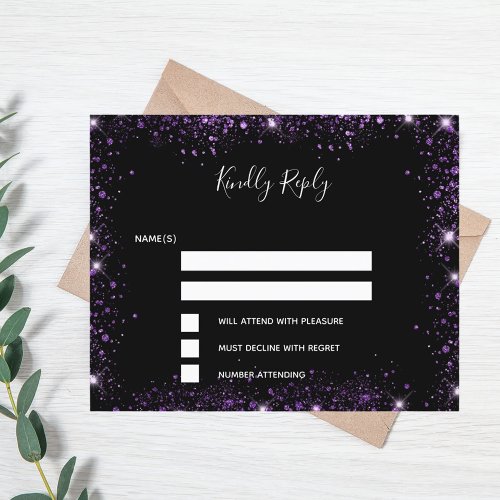 Black purple glitter elegant budget wedding RSVP Flyer