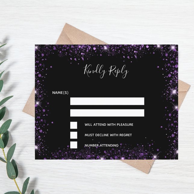 Black purple glitter elegant budget wedding RSVP Flyer (Creator Uploaded)