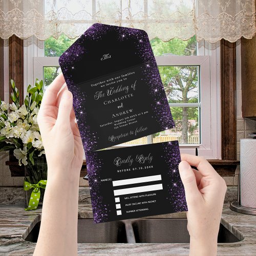 Black purple glitter elegant script wedding all in one invitation