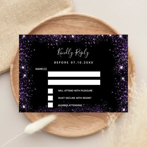 Black purple glitter elegant wedding RSVP  Note Card