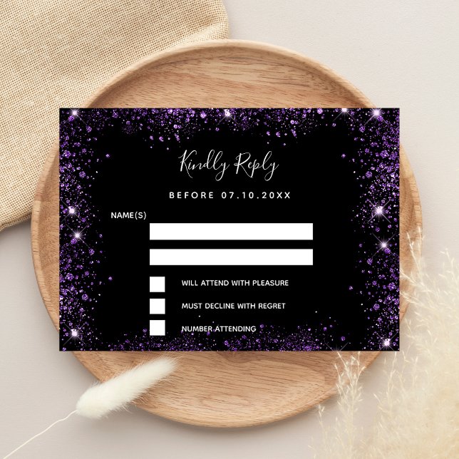 Black purple glitter elegant wedding RSVP  Note Card (Creator Uploaded)