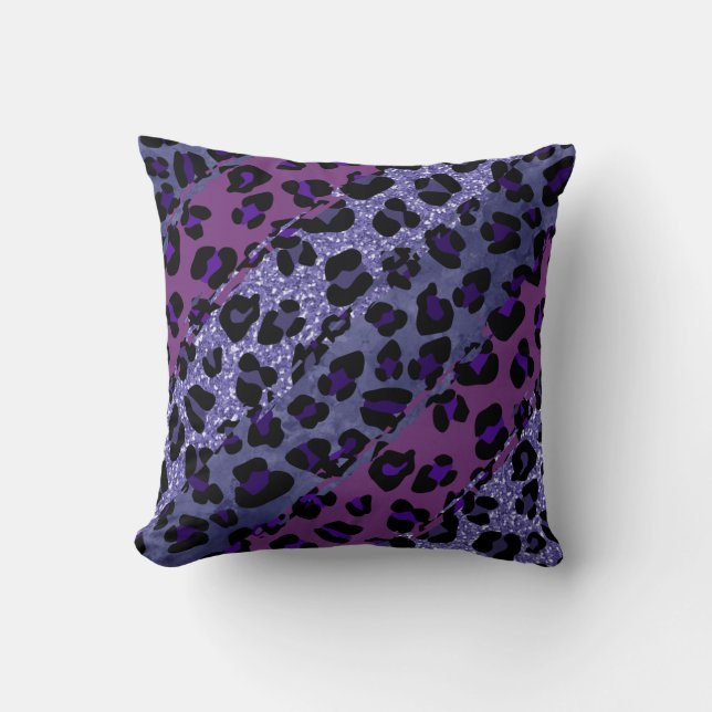 *~* Black Purple Glitter Leopard Pattern Throw Pillow (Front)