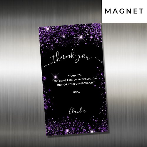 Black purple glitter luxury thank you card magnet