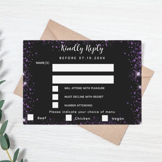 Black purple glitter menu choise wedding RSVP  (Creator Uploaded)
