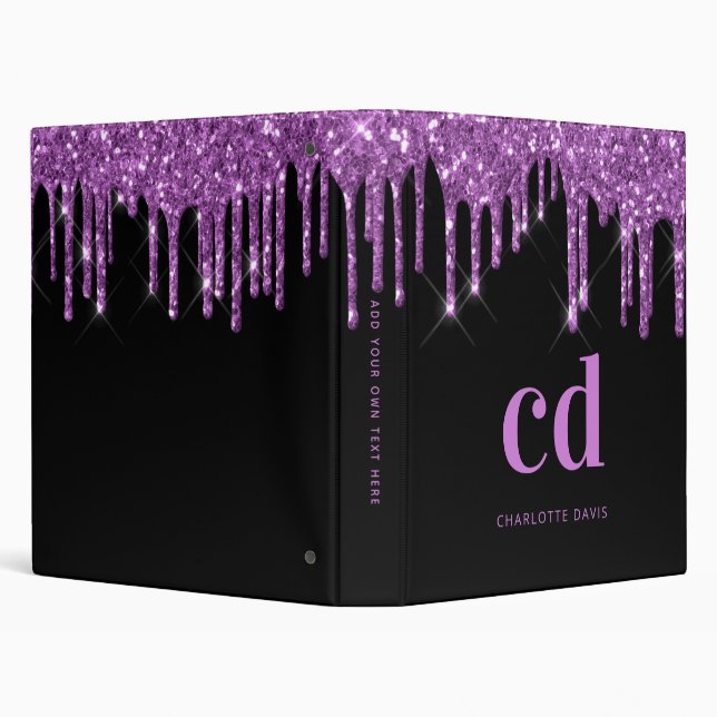 Black purple glitter monogram custom school luxury 3 ring binder (Background)