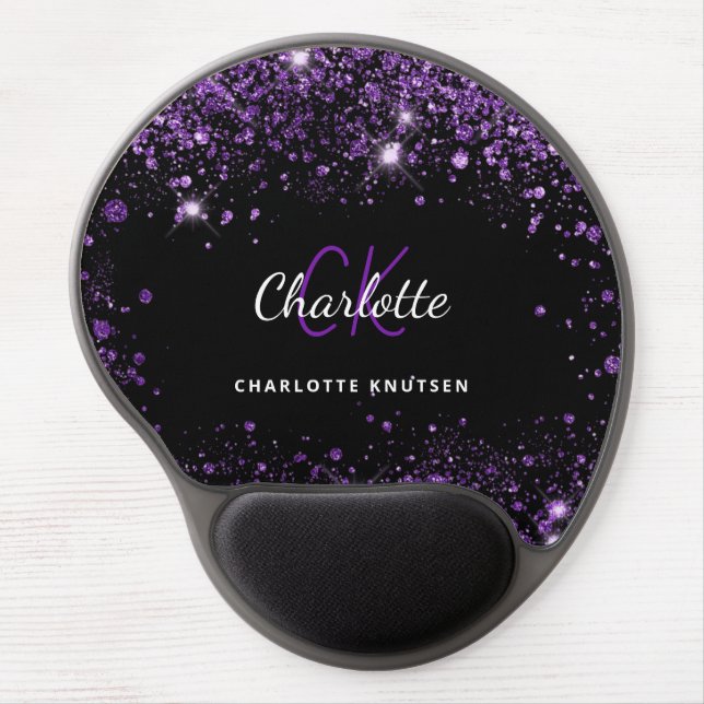 Black purple glitter monogram initails name  gel mouse pad (Front)
