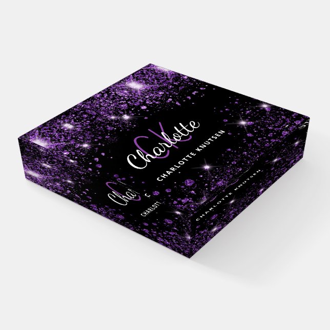 Black purple glitter monogram initails name paperweight (Angled)