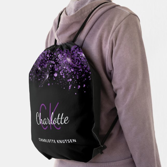 Black purple glitter monogram initials drawstring bag (Insitu)