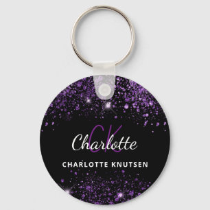 Black purple glitter monogram initials keychain