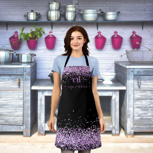Black purple glitter monogram initials name apron