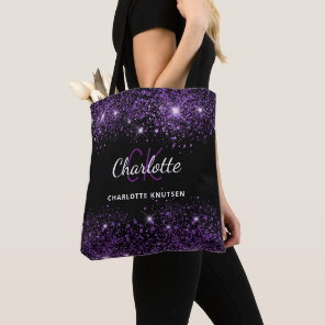 Black purple glitter monogram initials name tote bag
