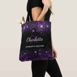 Black purple glitter monogram initials name tote bag