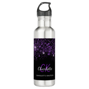 Black purple glitter monogram name stainless steel water bottle