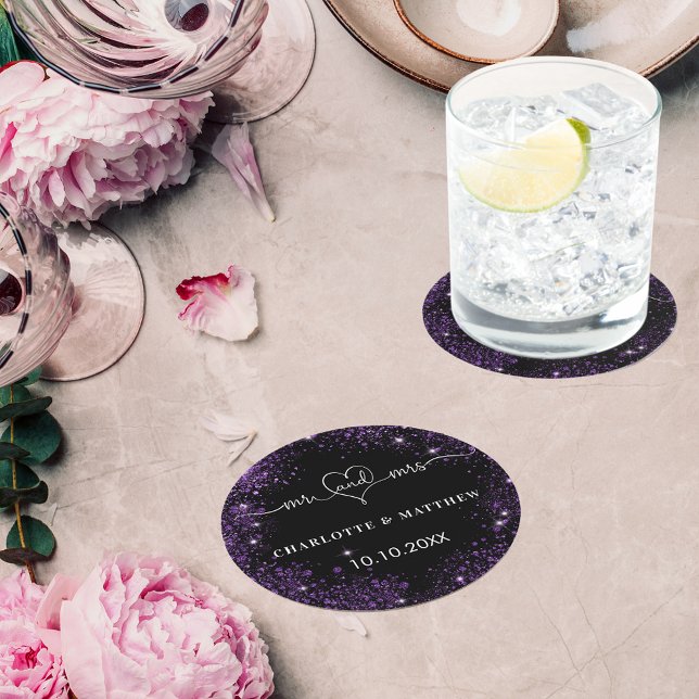 Black purple glitter mr mrs heart wedding round paper coaster (Creator Uploaded)