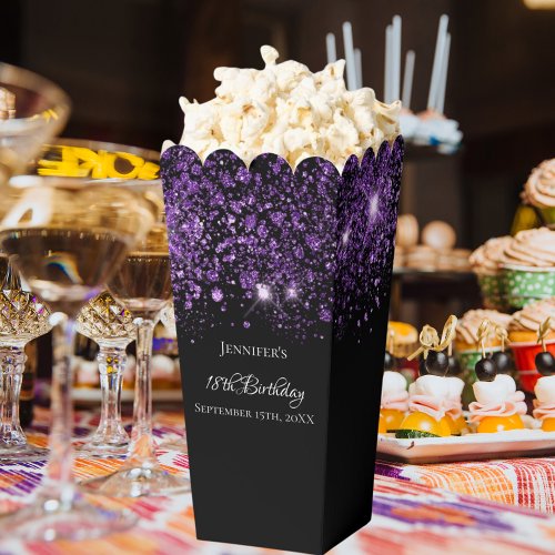 Black purple glitter name birthday favor boxes