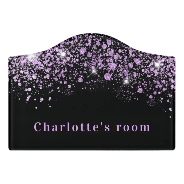 Black purple glitter name girly elegant door sign (Small Crest Front)