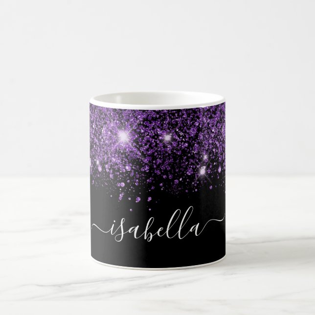Black purple glitter name glam script coffee mug (Center)