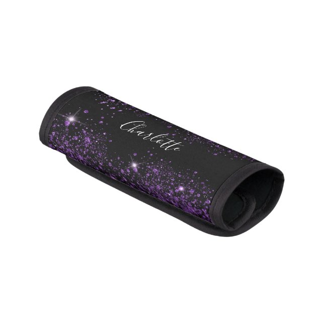 Black purple glitter name luggage handle wrap (Angled)