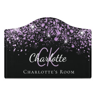 Black purple glitter name monogram initials door sign